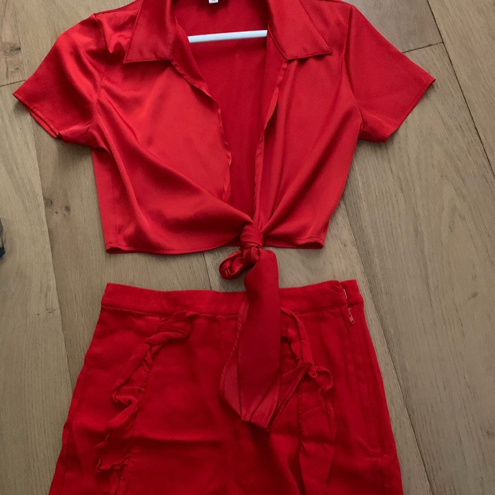 Revolve Super Down H&M red satin crop top short set